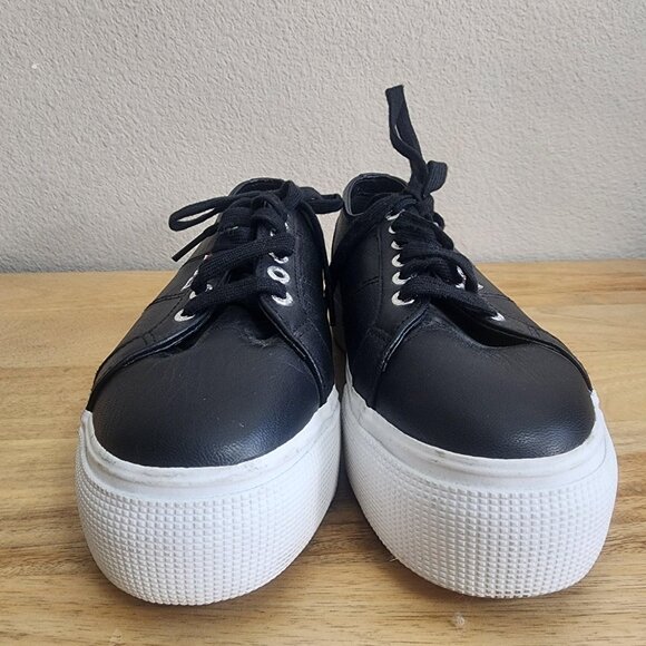 Superga 2790 Platform Leather Shoes Womens Size 8.5 Black Lace Up S00C790 - Picture 7 of 11
